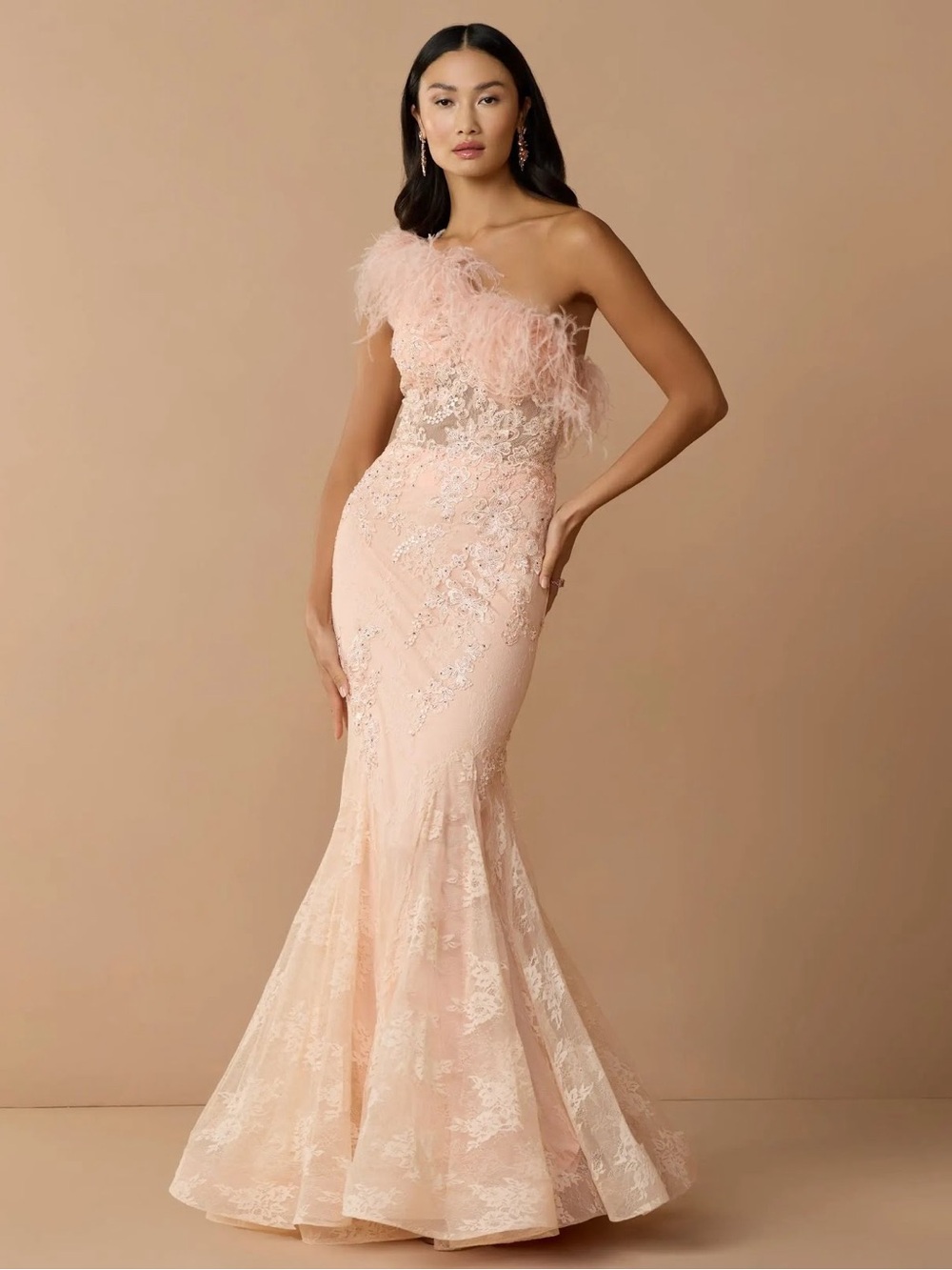 Mac Duggal 79451 Pink One Shoulder Feather Embellished Mermaid Gown Size 8 NWOT